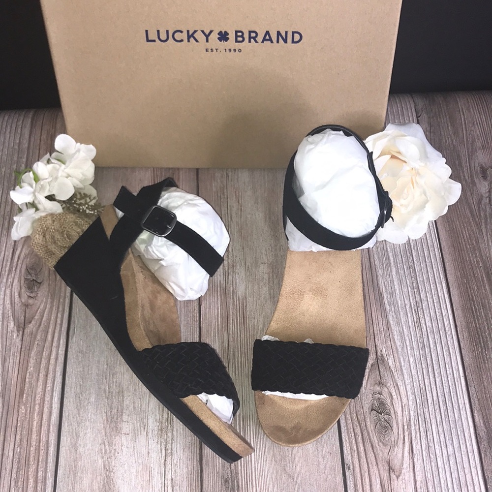 Lucky Brand Black Leather Wedge Sandal 8.5M